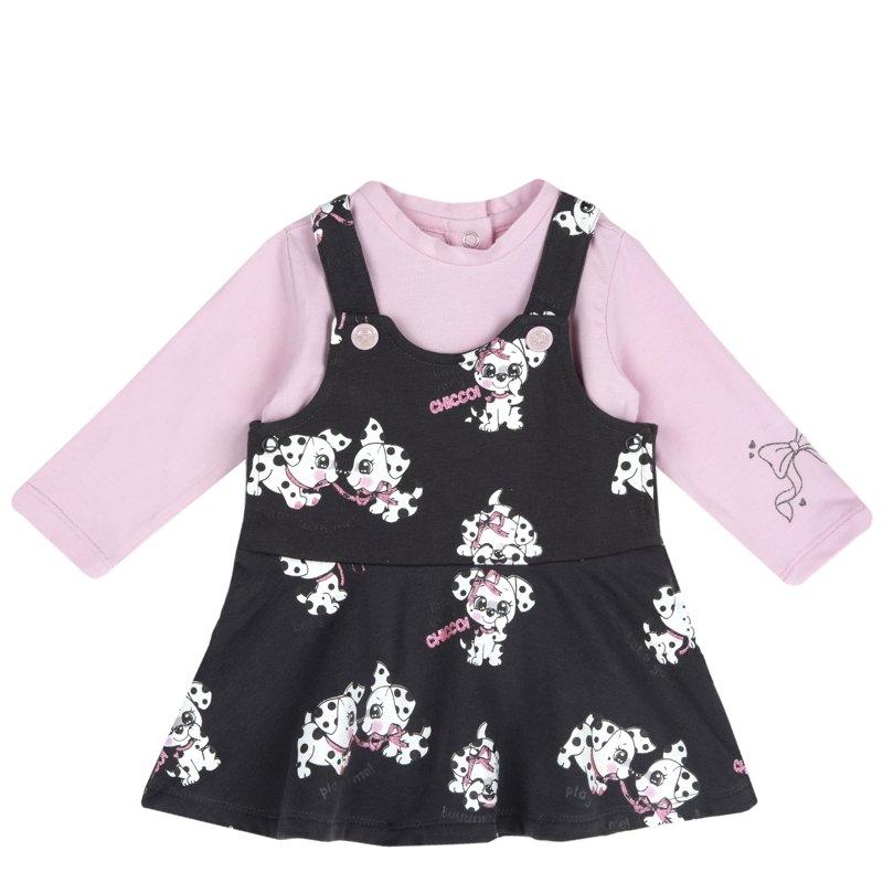 SET 2: T-SHIRT LONG SLEEVE + DUNGAREES SKIRT - GREY PRINTED