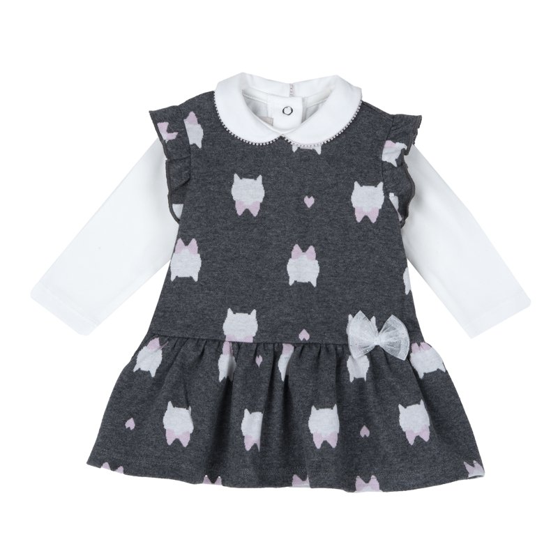 SET 2: T-SHIRT LONG SLEEVE + PINAFORE DRESS - DARK GREY