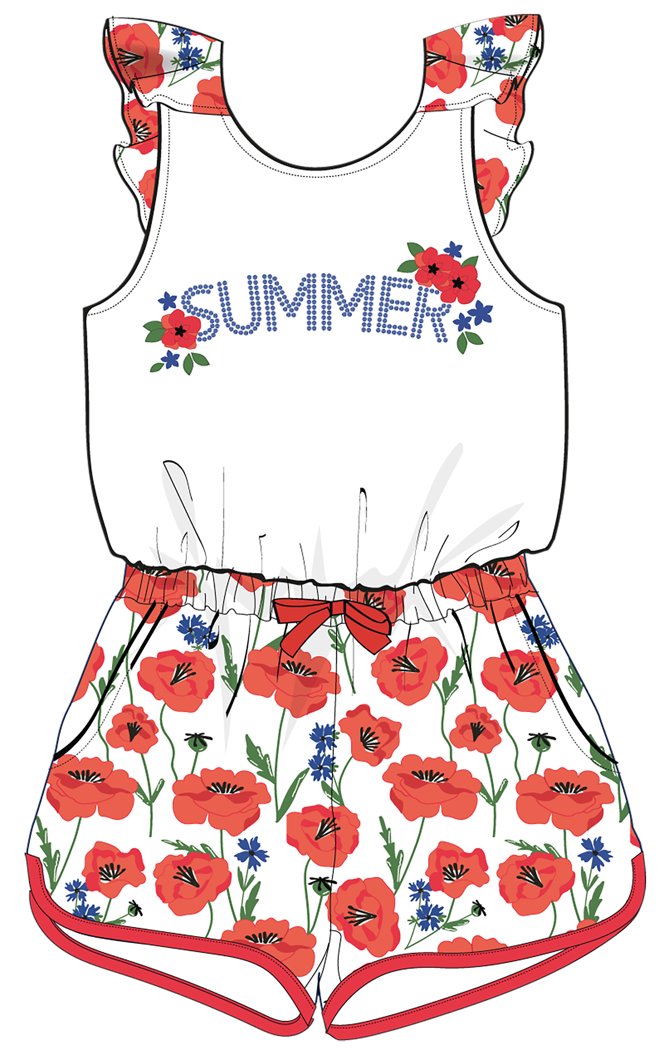 SHORT DUNGAREES - WHITE/RED