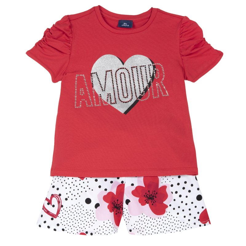 SET 2: T-SHIRT SHORT SLEEVE + SKIRT - RED PRINTED