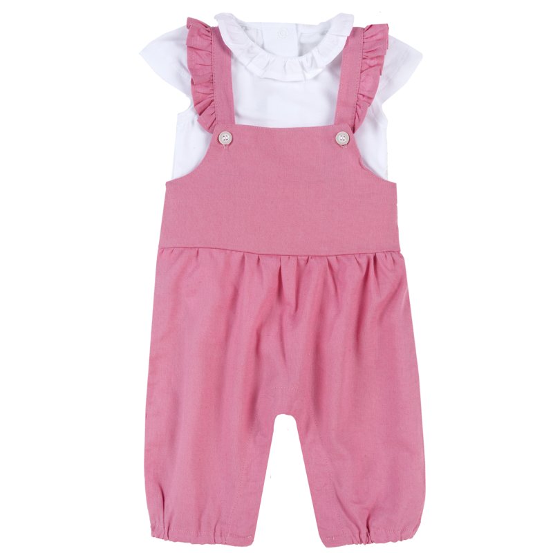 SET 2: BODYSUIT SHORT SLEEVE + LONG DUNGAREES - MEDIUM PINK