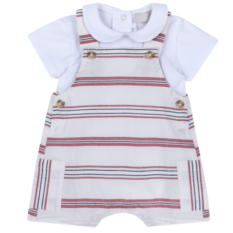 SET 2: BODYSUIT SHORT SLEEVE + SHORT DUNGAREES - WHITE/BLUE