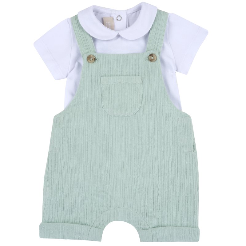 SET 2: BODYSUIT SHORT SLEEVE + SHORT DUNGAREES - LIGHT GREEN