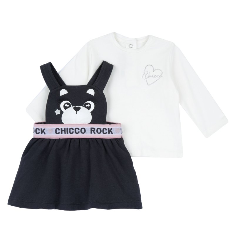 SET 2: T-SHIRT LONG SLEEVE + DUNGAREES SKIRT - DARK GREY