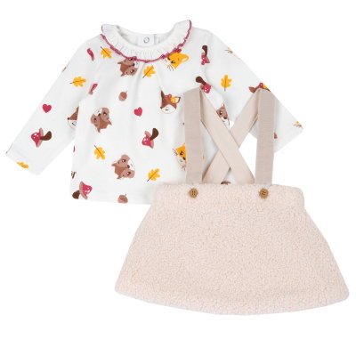 SET 2: T-SHIRT LONG SLEEVE + DUNGAREES SKIRT - LIGHT NATURAL