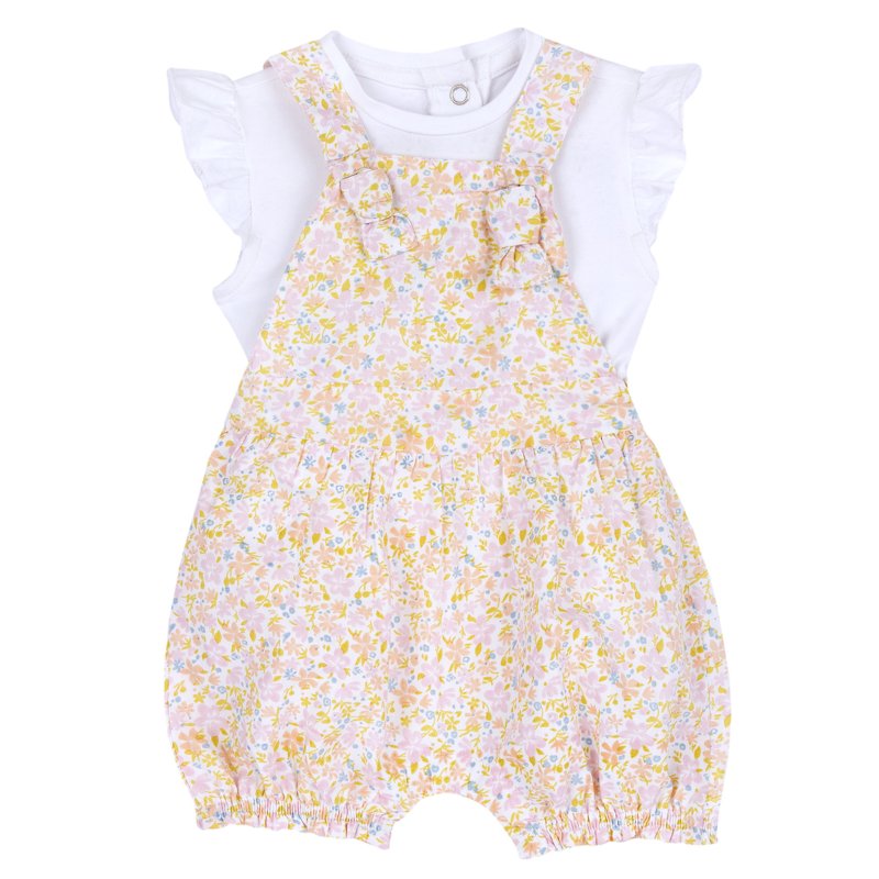 SET 2: BODYSUIT SHORT SLEEVE + SHORT DUNGAREES - PINK PRINTED