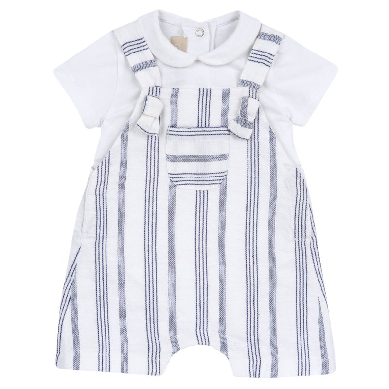 SET 2: BODYSUIT SHORT SLEEVE + SHORT DUNGAREES - WHITE/BLUE