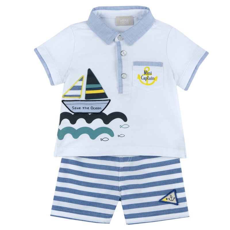 SET 2: POLO SHORT SLEEVE + SHORTS - WHITE/BLUE